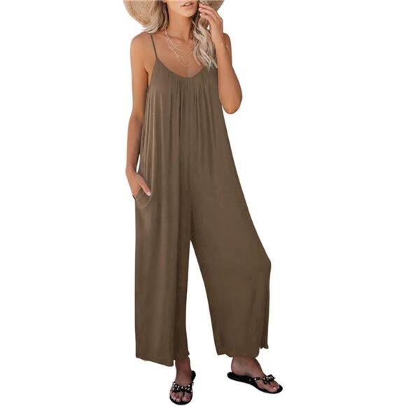 Women Summer Casual Boho Wide Leg Jumpsuits Brown - Picture 1 of 6
